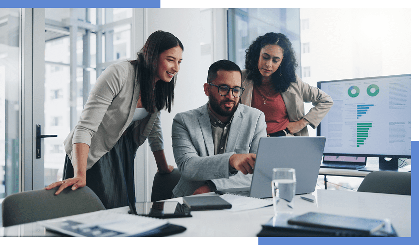 Team collaborating in modern office setting.