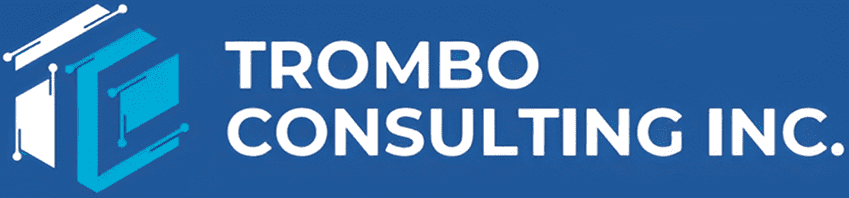 Trombo Consulting Inc. logo on blue background.