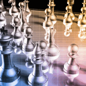 Futuristic chessboard with metallic chess pieces.